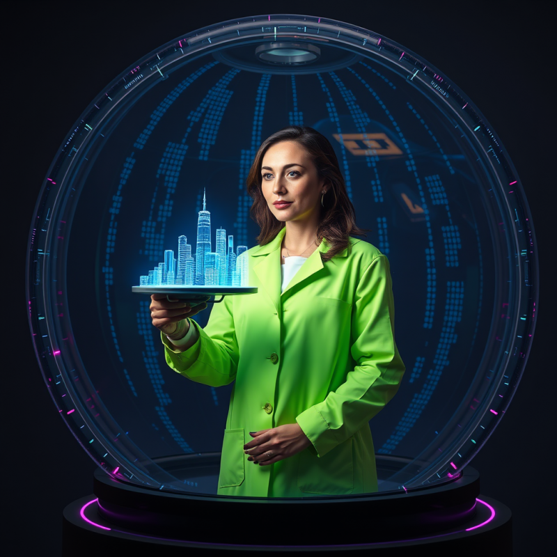 Woman in a Neon-green Lab Coat Stands Inside a Transpar...