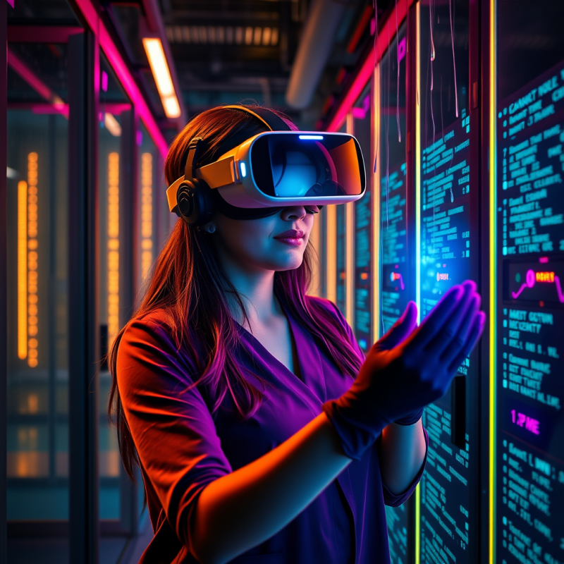 Woman in a Neon-lit Underground Server Room