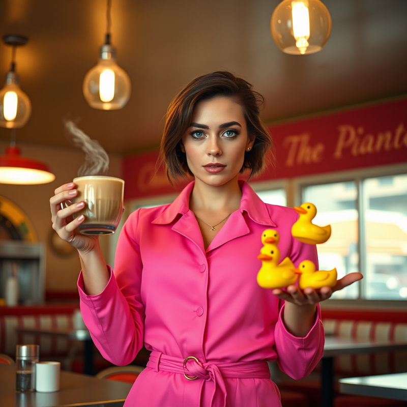Woman in a Neon-pink Jumpsuit Balances a Steaming Latte...