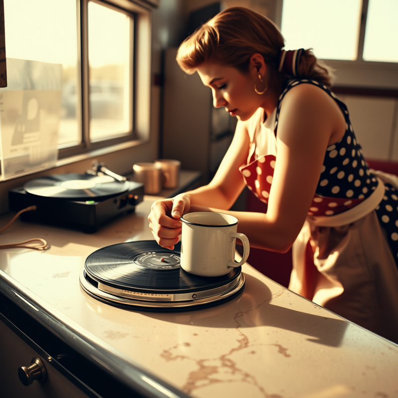 Woman in a Polka-dot Dress Pours Coffee from a Mug