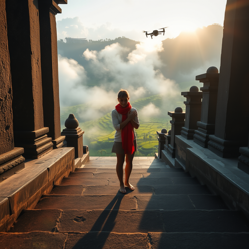 Woman in a Red Scarf Stands on Ancient Stone Steps