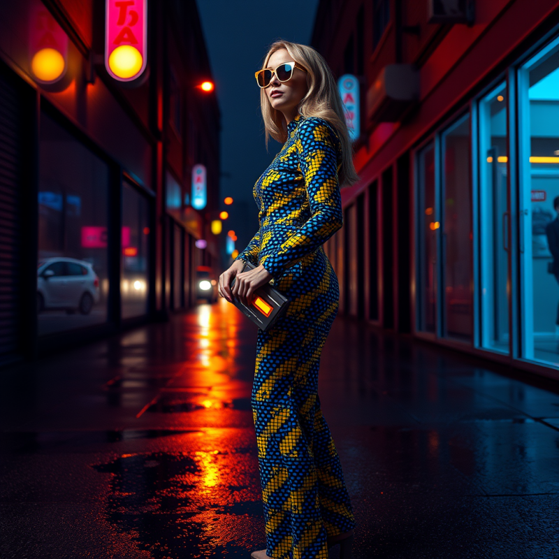 Woman in a Retro-futuristic 80s-coded Jumpsuit with Ele...