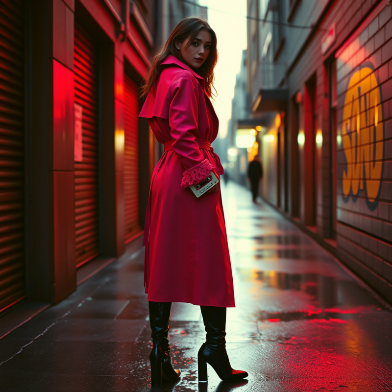 Woman in a Retro-futuristic 80s-coded Trench Coat