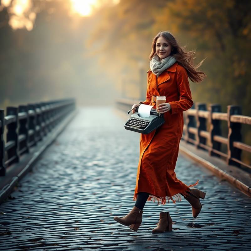Woman in a Rust-orange Linen Trench Coat with Hand-stit...