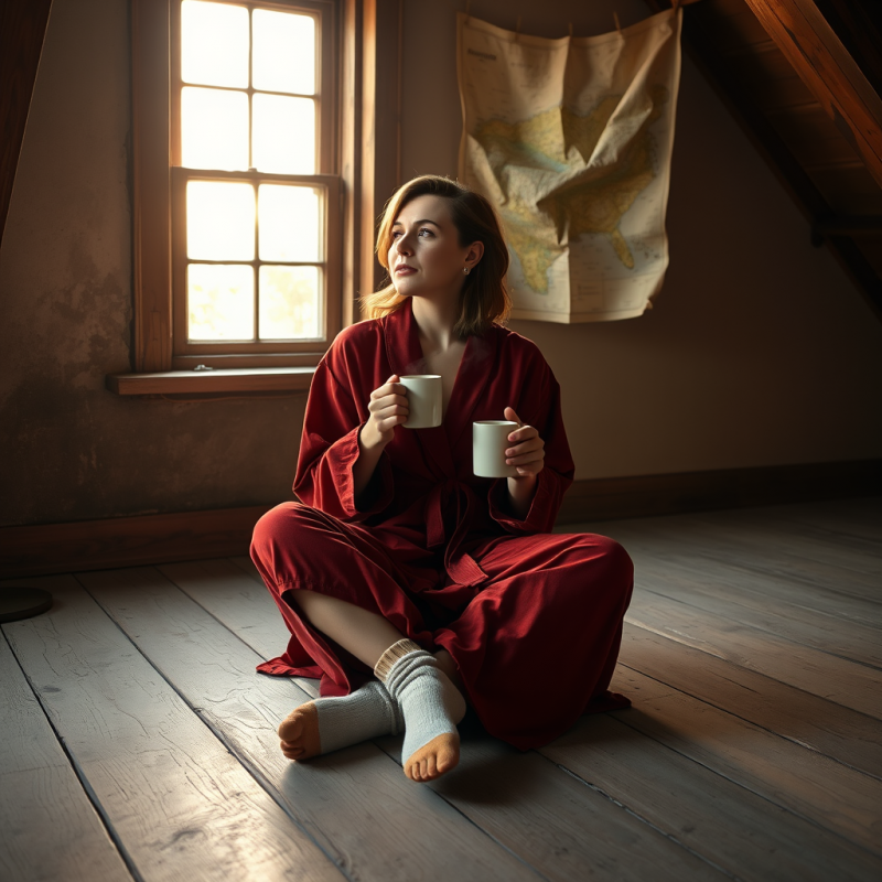 Woman in a Rust-red Velvet Robe and Mismatched Socks Si...