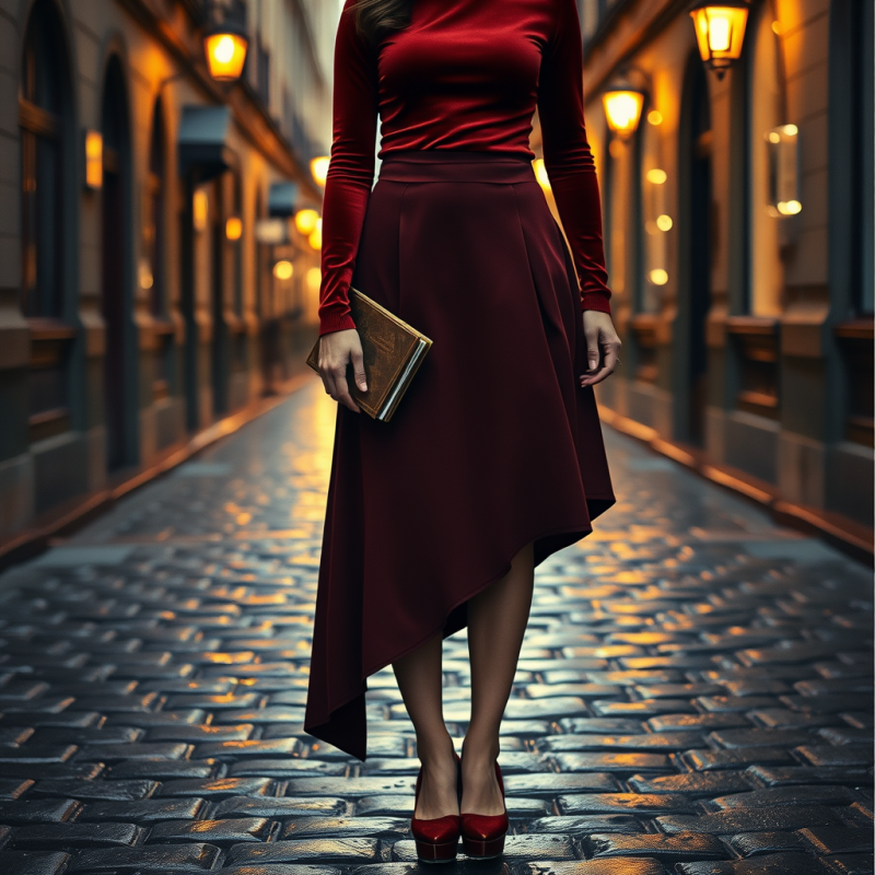 Woman in a Rust-red Velvet Turtleneck and Asymmetrical ...