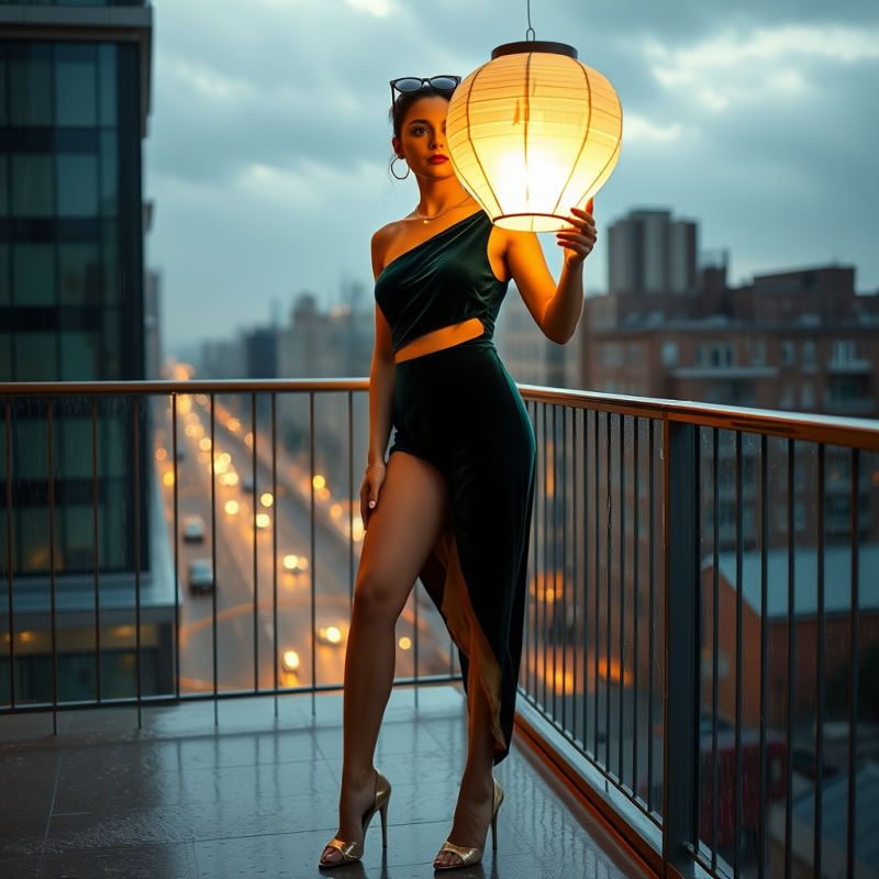 Woman in a Sculptural Emerald Velvet Bodysuit with Asym...
