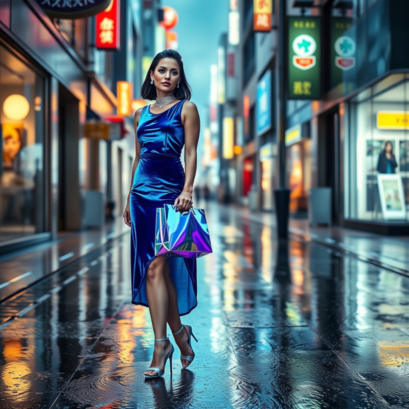 Woman in a Shimmering Electric Blue Velvet Dress with A...