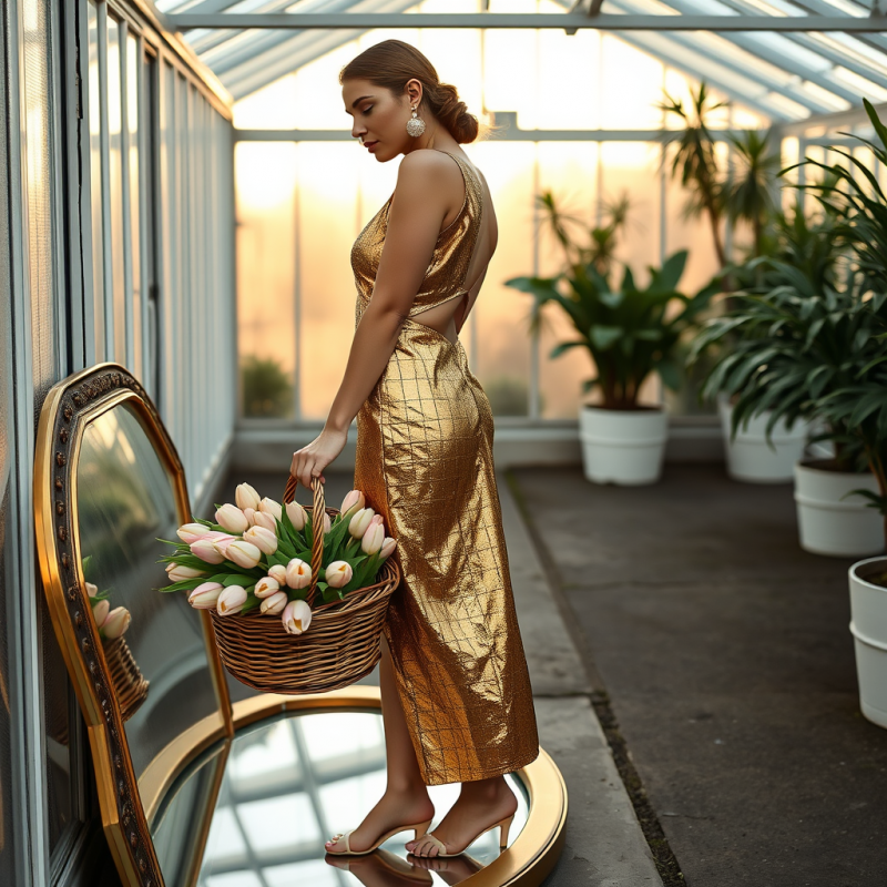 Woman in a Shimmering Gold Lamé Dress with Asymmetrica...