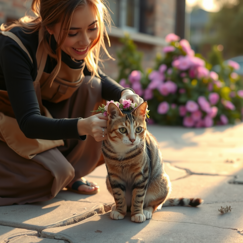 Woman in a Stained Apron Kneels Beside a Cracked Sidewalk
