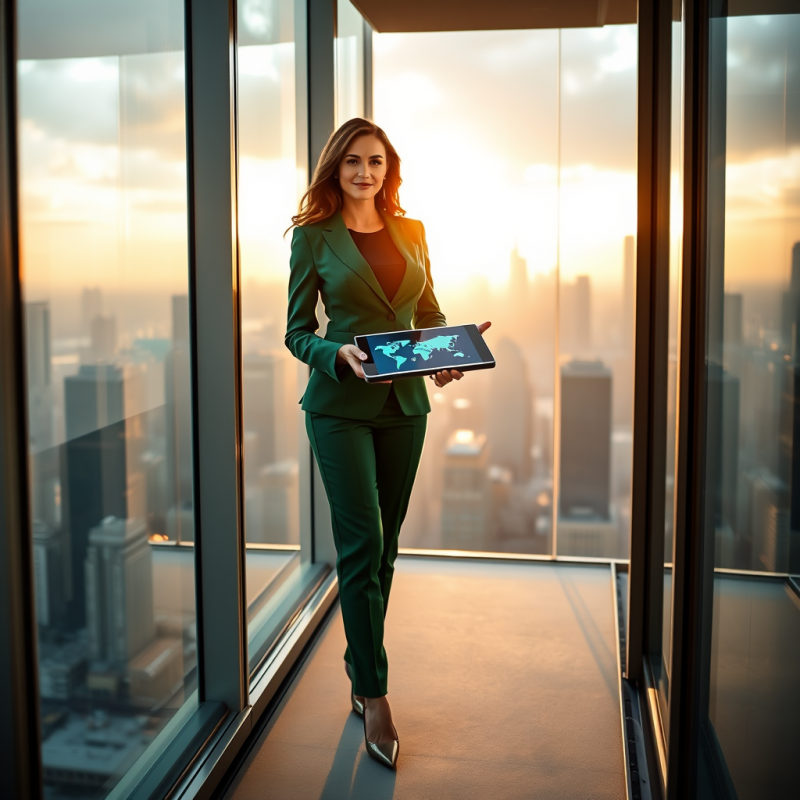 Woman in a Tailored Emerald Green Suit Stands Confident...