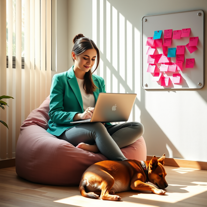 Woman in a Tailored Jade-green Blazer Sits Cross-legged...