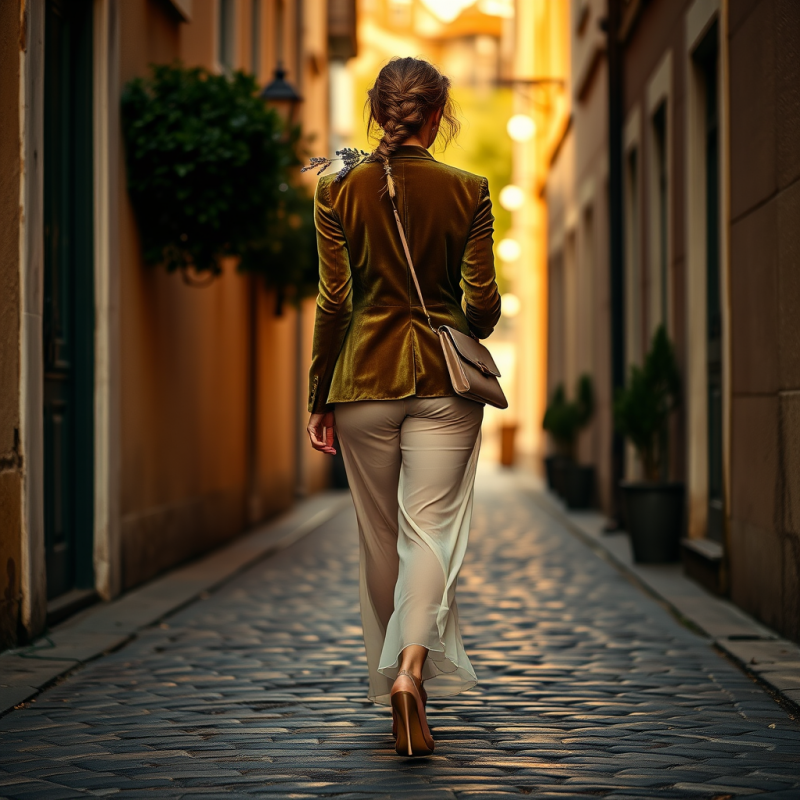 Woman in a Tailored Moss-green Velvet Blazer and Sheer ...
