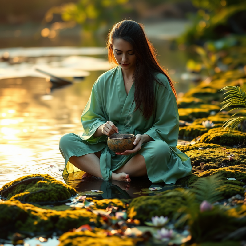 Woman in a Translucent Jade-green Silk Robe Sits Cross-...