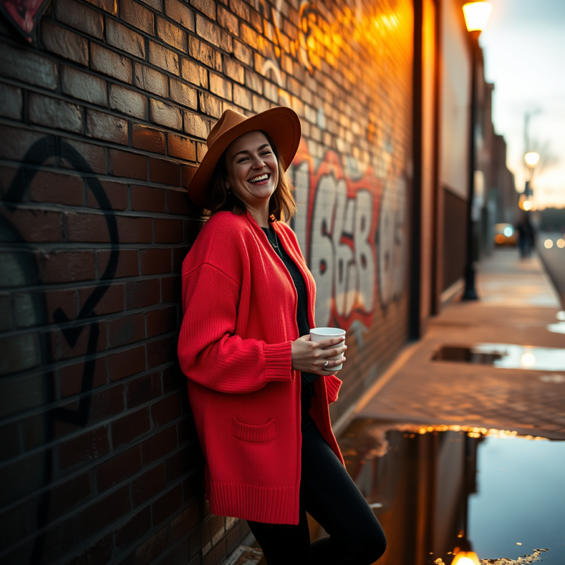 Woman in a Vibrant Coral Cardigan and Wide-brimmed Hat ...