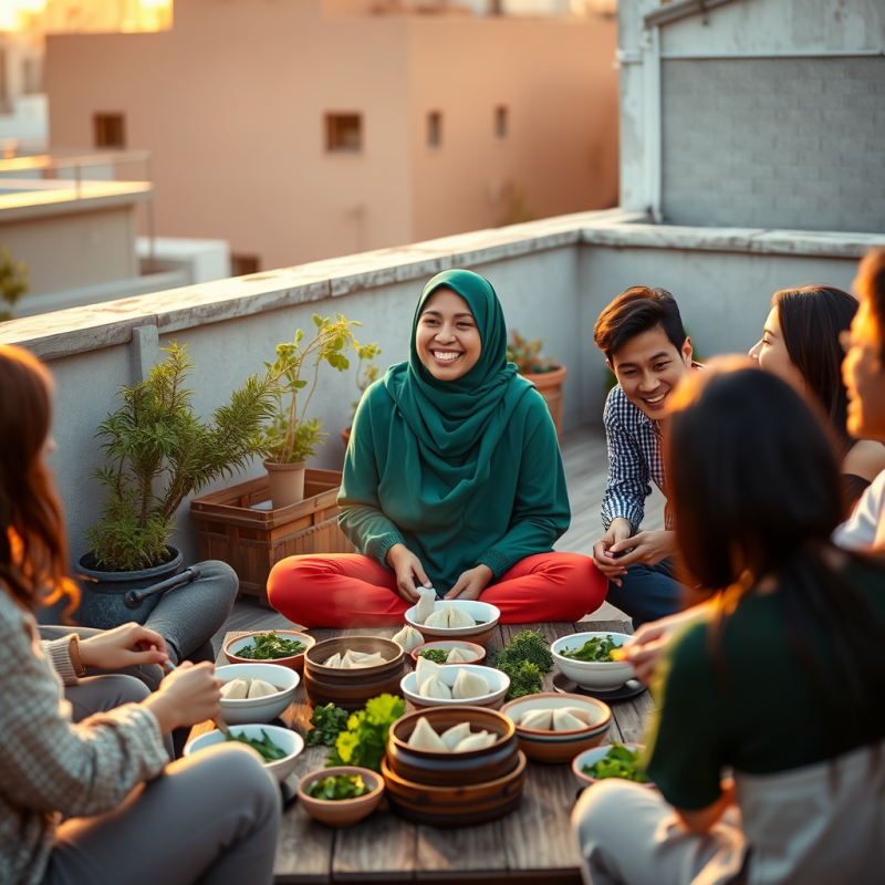 Woman in a Vibrant Emerald Hijab Sits Cross-legged on A...