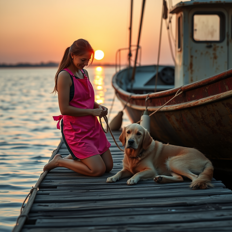 Woman in a Vibrant Neon-pink Apron Kneels on a Weathere...