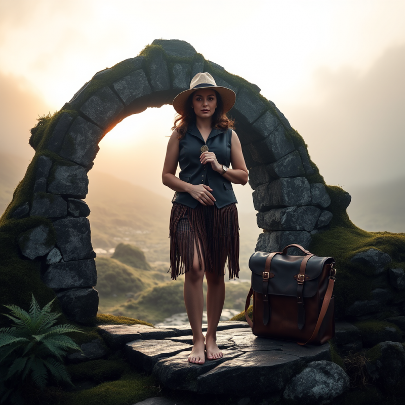 Woman in a Vintage 1950s Sunhat and Fringed Leather Ves...