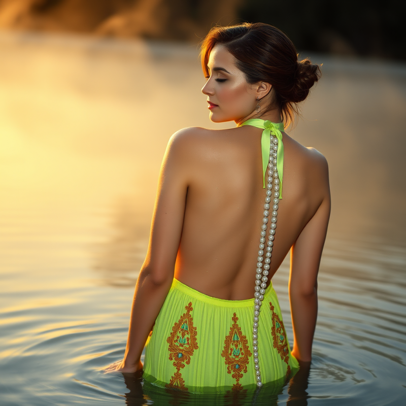 Woman in a Vintage 1970s Macrame Halter Dress