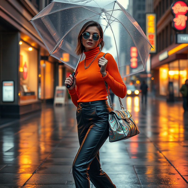 Woman in a Vintage 1980s-coded Neon Orange Turtleneck A...