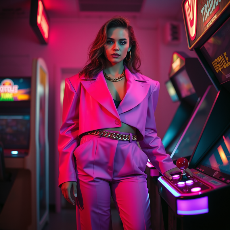 Woman in a Vintage 1980s Neon-pink Power Suit with Wide...