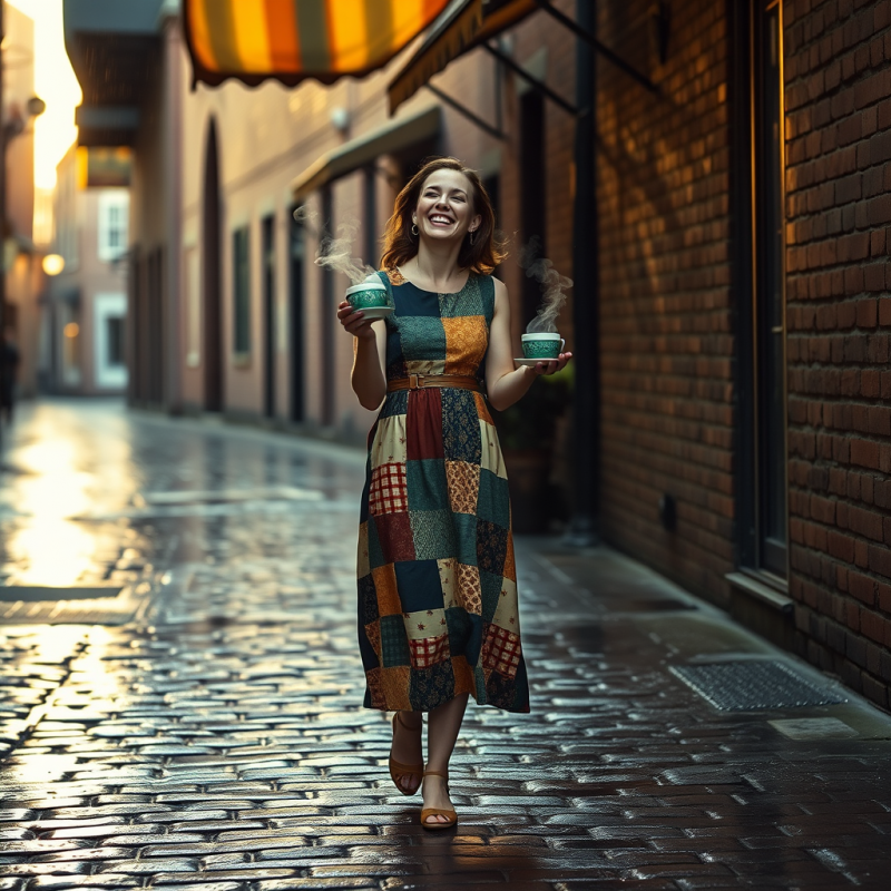Woman in a Vintage Patchwork Quilt Dress
