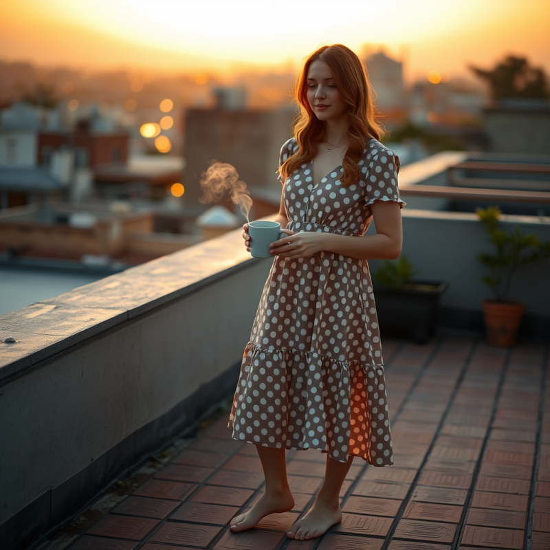 Woman in a Vintage Polka-dot Dress Stands Barefoot on A...