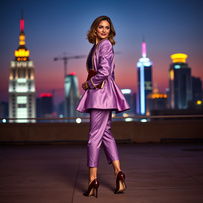 Woman in a Voluminous Lavender Satin Blazer with Gold-t...