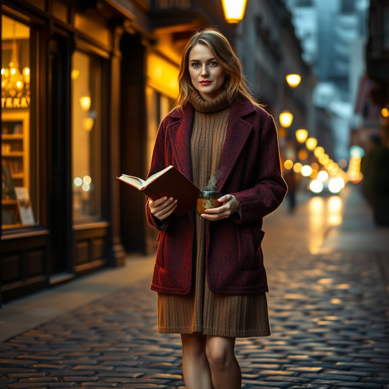Woman in an Oversized Oatmeal-brown Wool Turtleneck Lay...