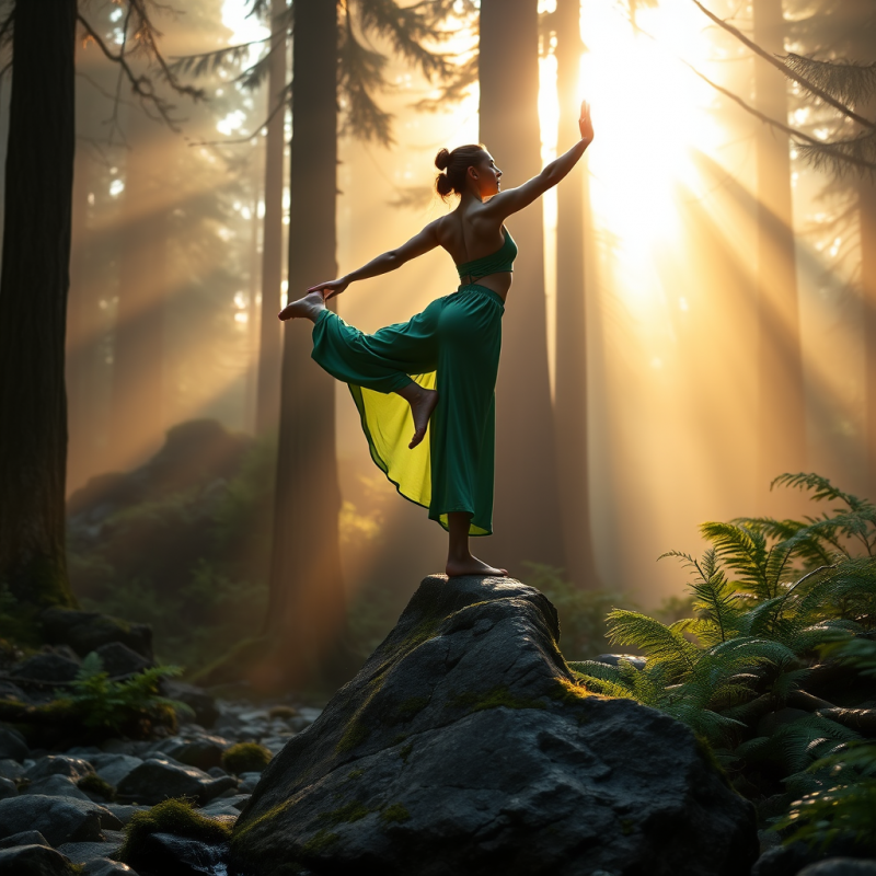 Woman in Flowing Emerald-green Athletic Wear Balances O...