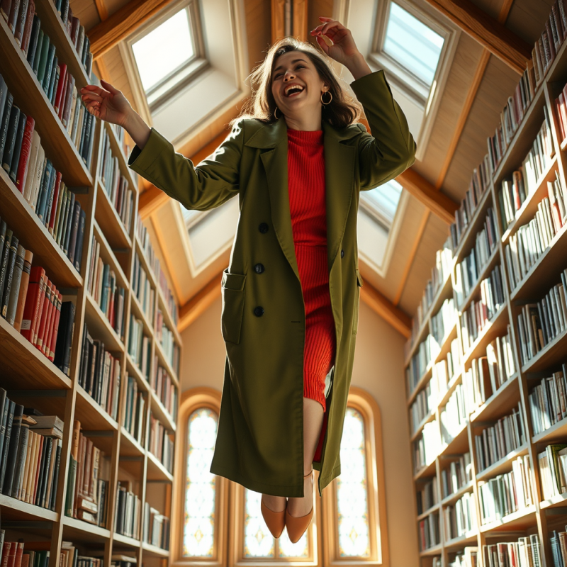 Woman Mid-laugh in a Moss-green Satin Trench Coat Layer...