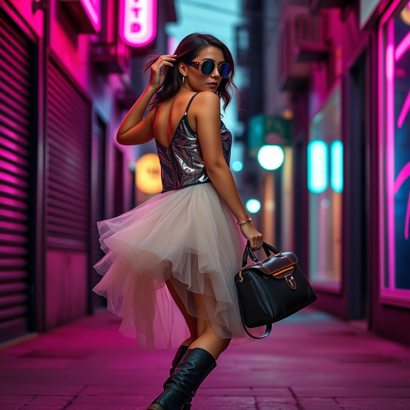 Woman Mid-stride Down a Neon-drenched Urban Alley at Tw...