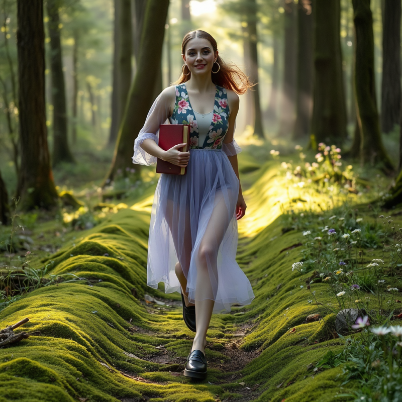 Woman Mid-stride on a Moss-covered Forest Path