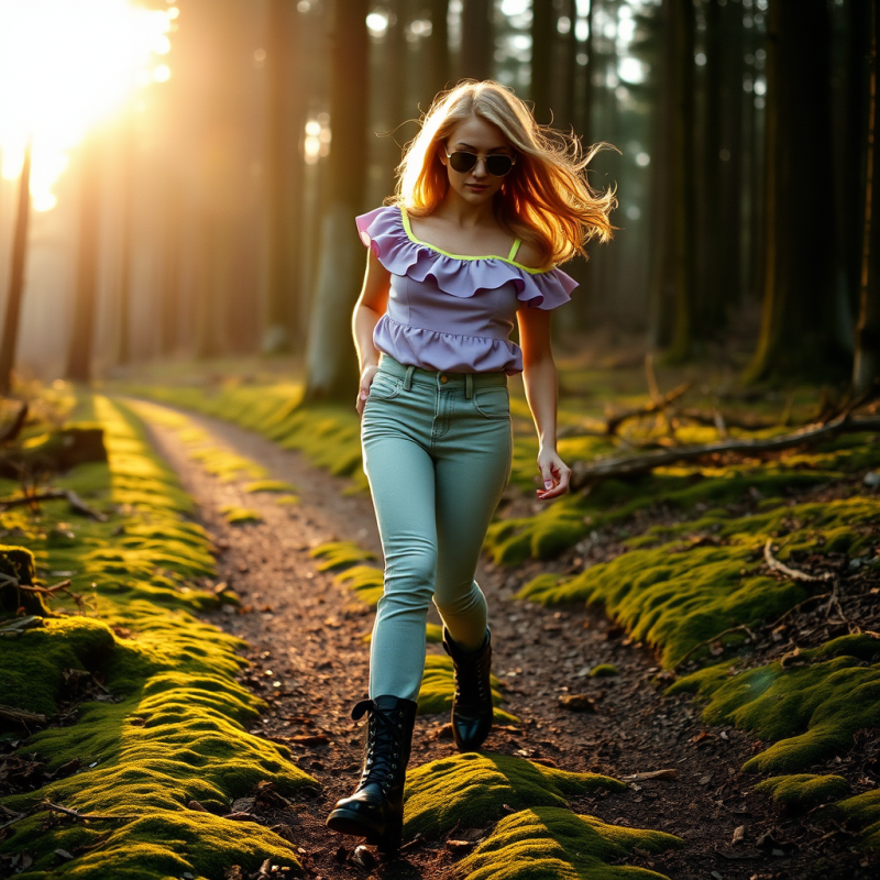 Woman Mid-stride on a Moss-covered Forest Path