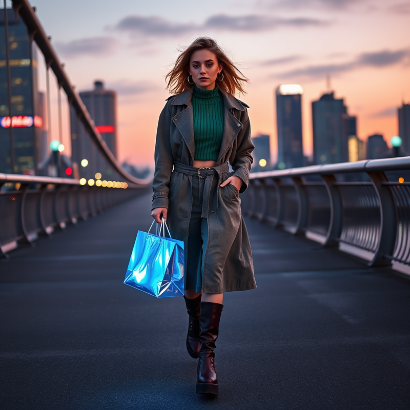 Woman Mid-stride on a Neon-drenched City Bridge at Twil...