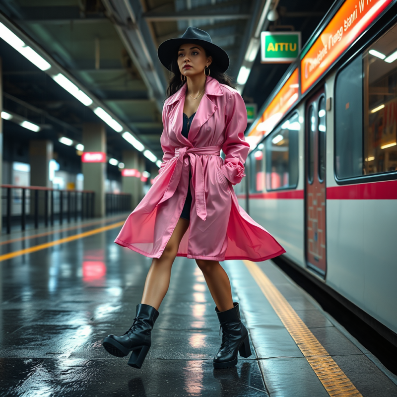 Woman Mid-stride on a Neon-drenched Tokyo Subway Platform