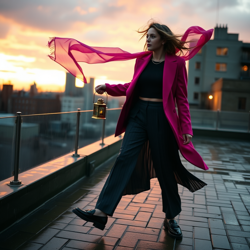 Woman Mid-stride on a Rain-slicked City Rooftop at Gold...