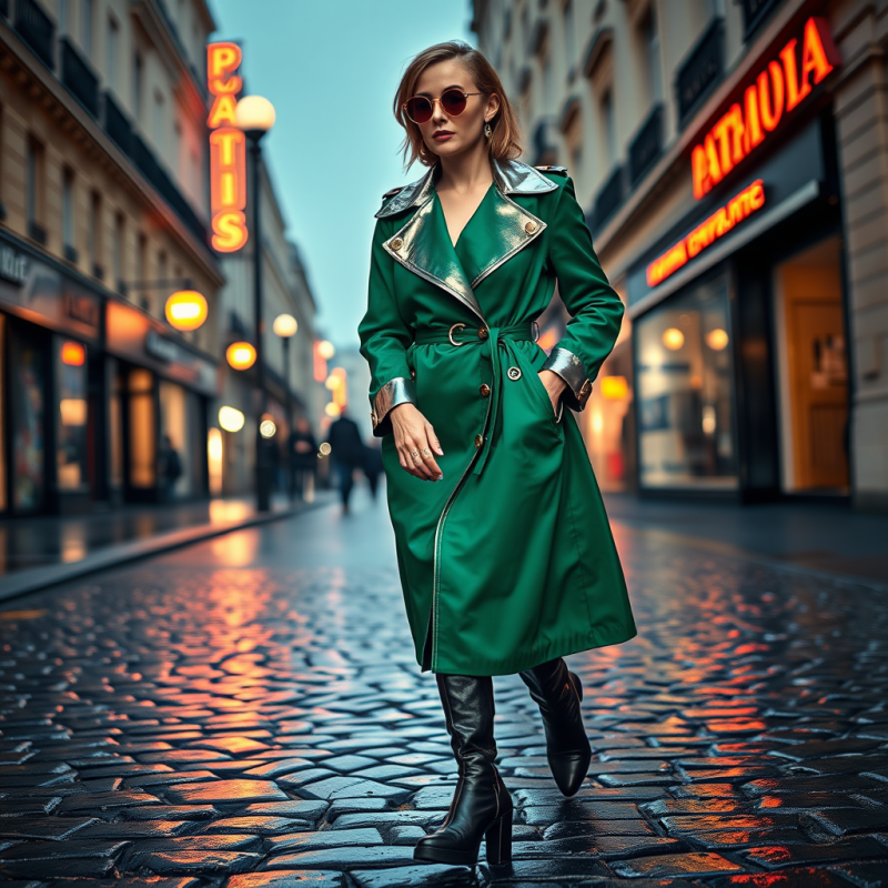 Woman Mid-stride on a Rain-slicked Cobblestone Street I...