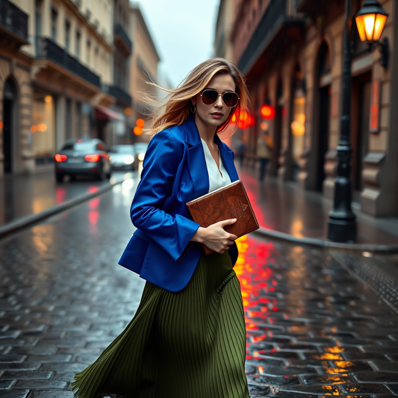 Woman Mid-stride on a Rain-slicked Cobblestone Street