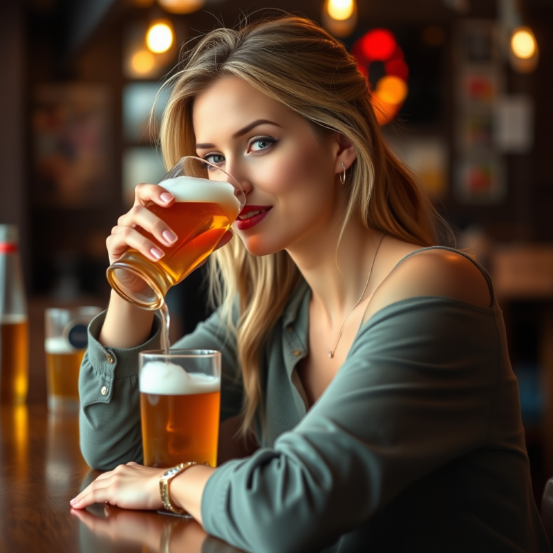 Woman Pouring Beer in Cozy Bar Setting