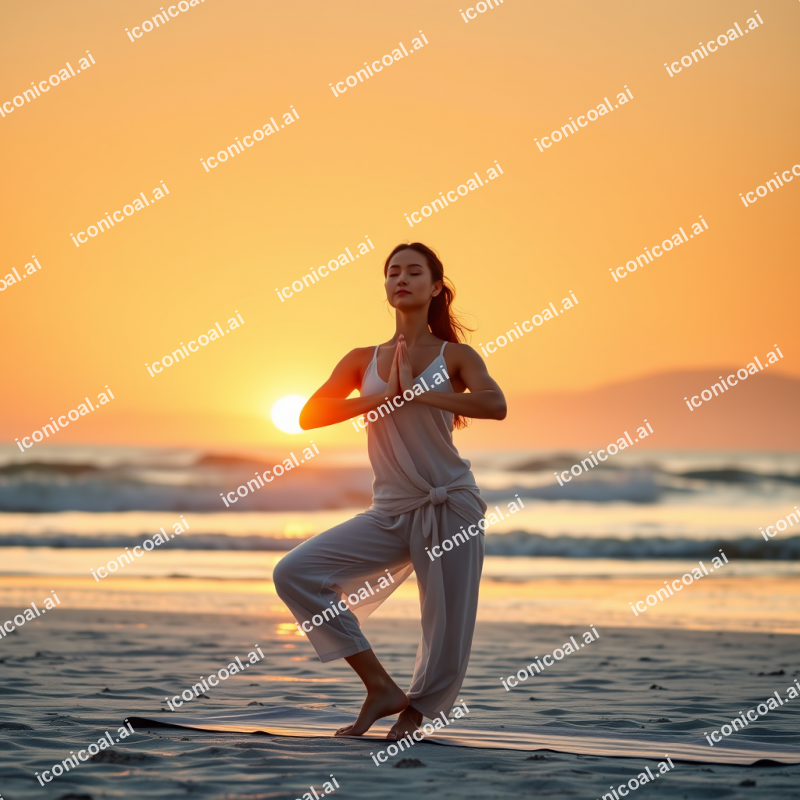 Woman Practicing Yoga At Sunrise Beach Peaceful Meditation
