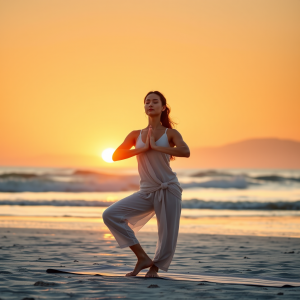 Woman Practicing Yoga At Sunrise Beach Peaceful Meditation