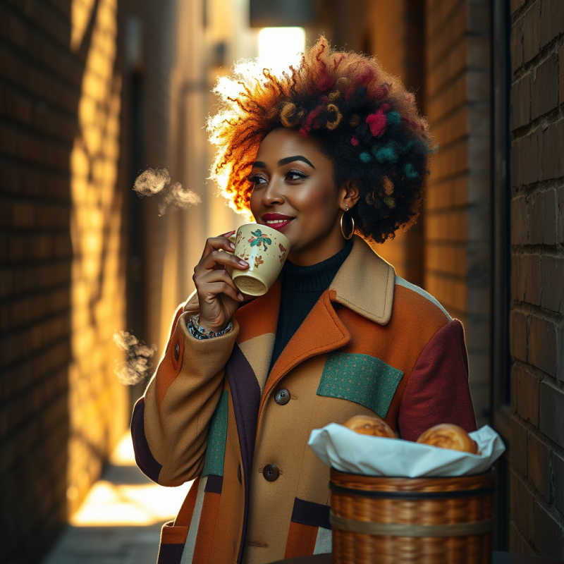 Woman with a Colorful Afro in a Sunlit Alleyway