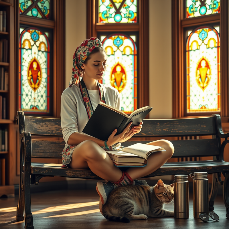 Woman with a Floral Headwrap and Mismatched Socks Sits ...