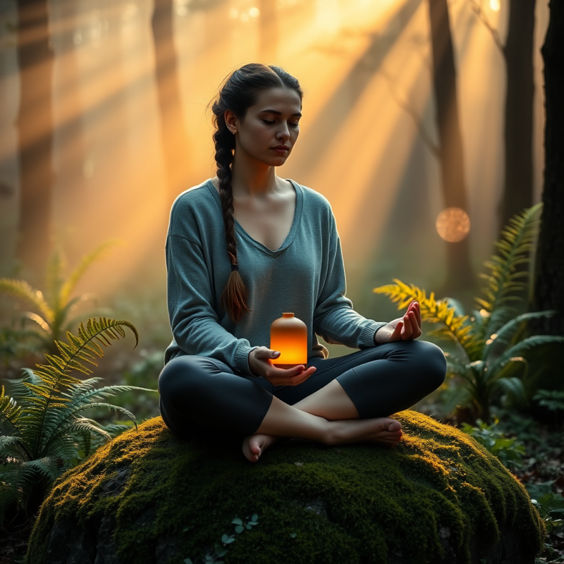 Woman with Braided Hair Sits Cross-legged on a Moss-cov...