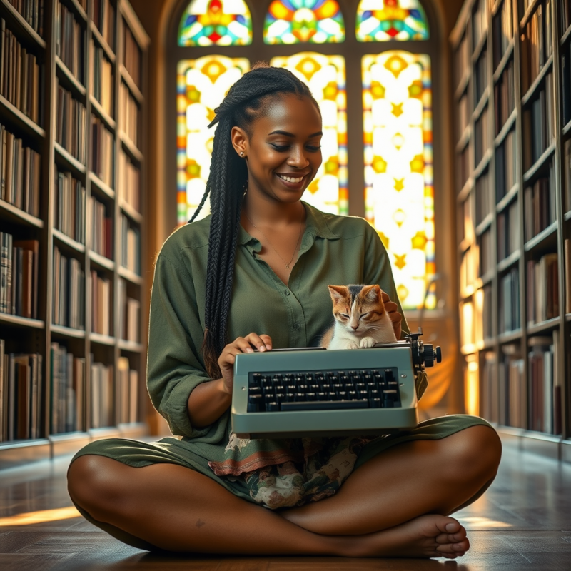 Woman with Braided Hair Wearing a Moss-green Linen Blou...