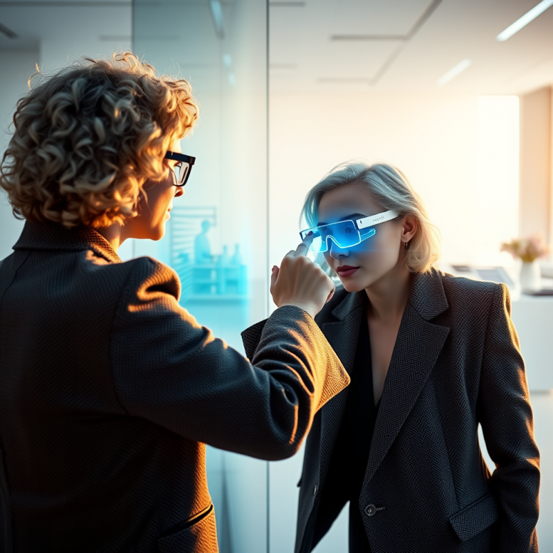 Woman with Curly Silver Hair Leans Over a Glowing Holog...