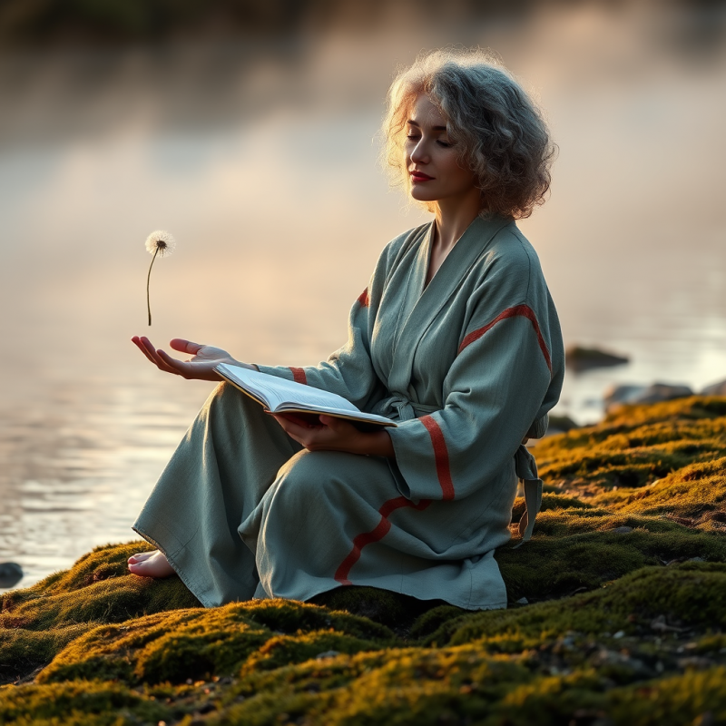 Woman with Curly Silver Hair Sits Cross-legged on a Mos...