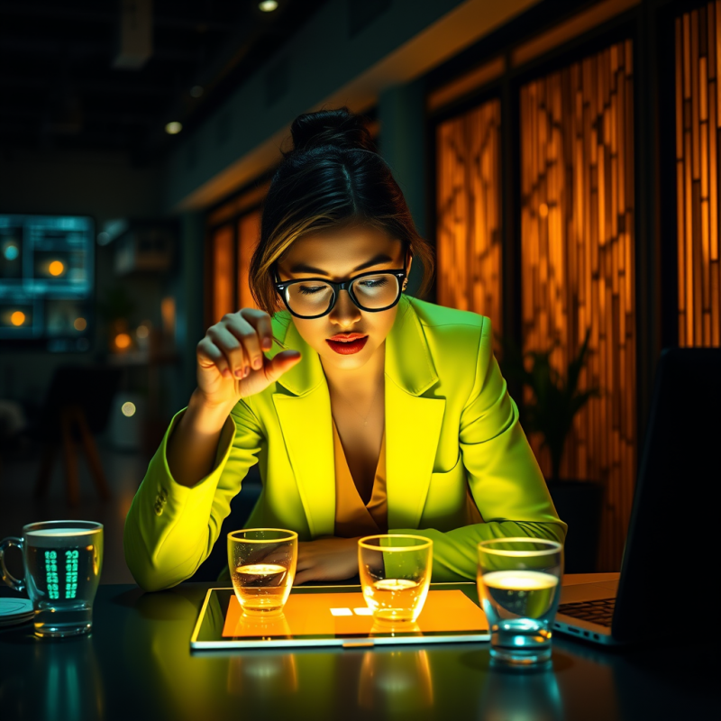 Woman with Glasses and a Neon-green Blazer Leans Forwar...