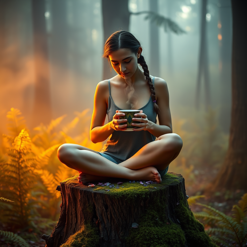 Woman with Glowing Skin and Braided Hair Sits Cross-leg...